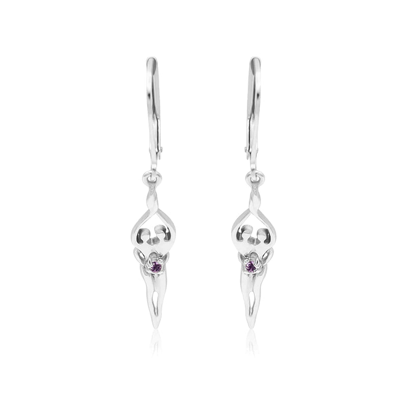 Small Soulmate Earrings, 1 ½” by ¼", .925 Genuine Sterling Silver, Lever Back, Emerald Cubic Zirconia