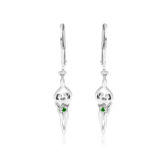 Small Soulmate Earrings, 1 ½” by ½", .925 Genuine Sterling Silver, Lever Back, Emerald Cubic Zirconia