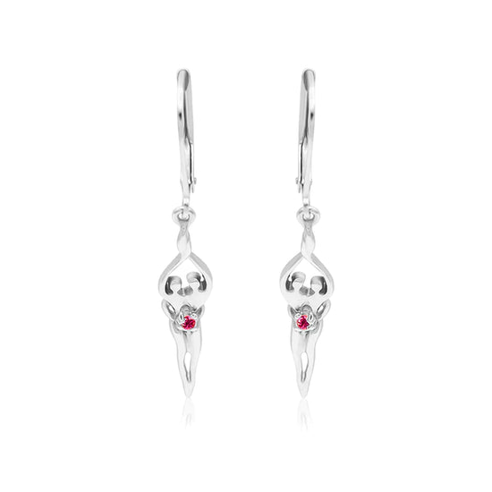 Small Soulmate Earrings, 1 ½” by ½", .925 Genuine Sterling Silver, Lever Back, Ruby Cubic Zirconia