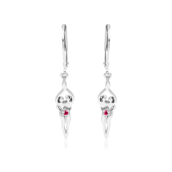 Small Soulmate Earrings, 1 ½” by ¼", .925 Genuine Sterling Silver, Lever Back, Ruby Cubic Zirconia