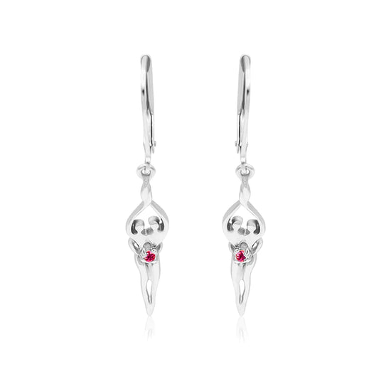 Load image into Gallery viewer, Small Soulmate Earrings, 1 ½” by ¼&amp;quot;, .925 Genuine Sterling Silver, Lever Back, Ruby Cubic Zirconia

