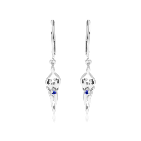 Medium Soulmate Earrings, 1 ¾"  by 5/16th", .925 Genuine Sterling Silver, Lever Back, Sapphire Cubic Zirconia