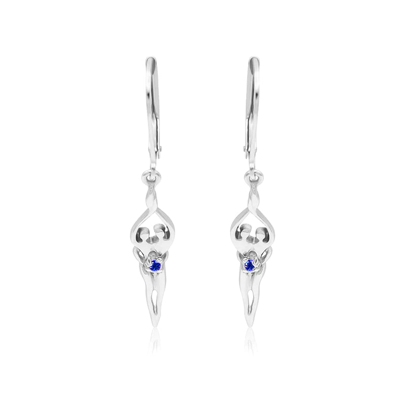 Medium Soulmate Earrings, 1 ¾"  by 5/16th", .925 Genuine Sterling Silver, Lever Back, Emerald Cubic Zirconia