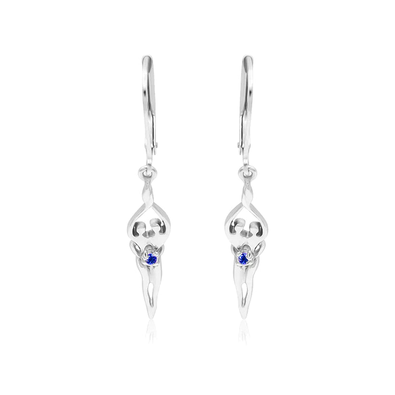 Small Soulmate Earrings, 1 ½” by ¼", .925 Genuine Sterling Silver, Lever Back, Amethyst Cubic Zirconia