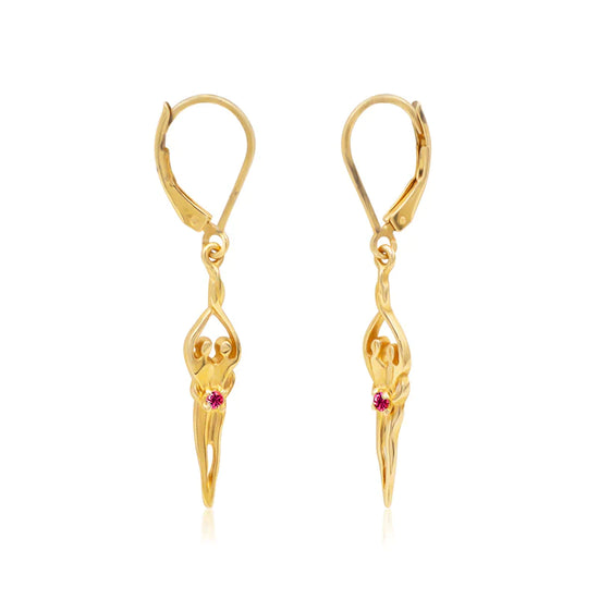 Load image into Gallery viewer, Small Soulmate Earrings, 1 ½” by ¼&amp;quot;, .925 Genuine Sterling Silver with 14kt. Gold Overlay, Lever Back, Ruby Cubic Zirconia
