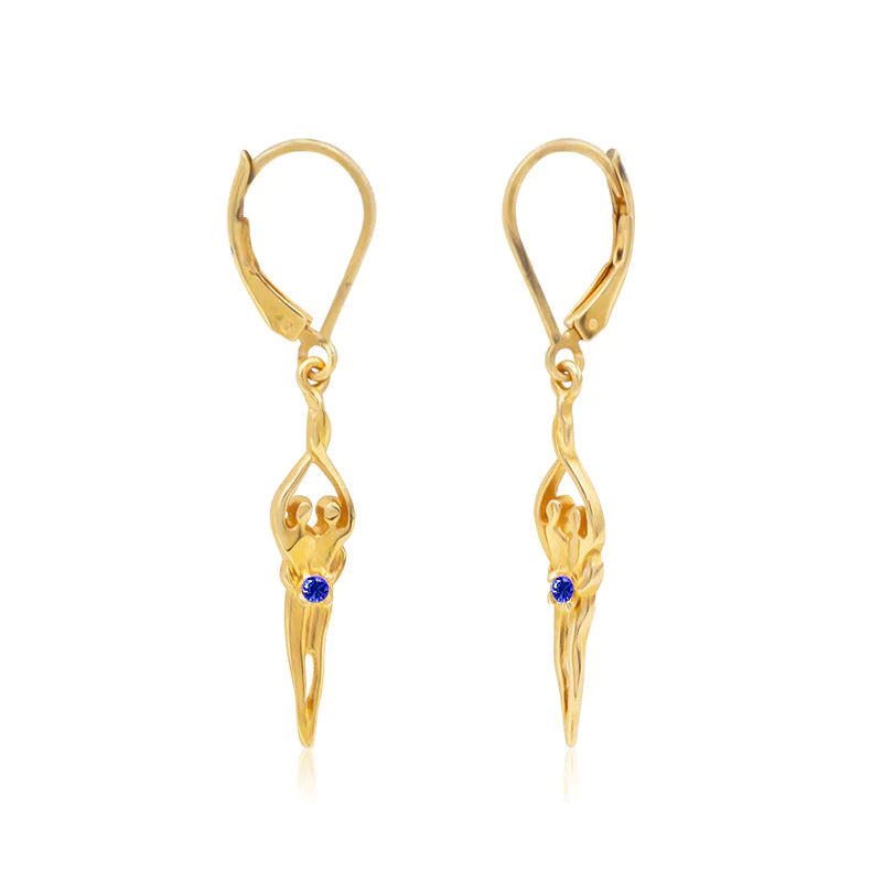 Gold Dangle Earrings Small Lever Back Sapphire – Symbol of Love