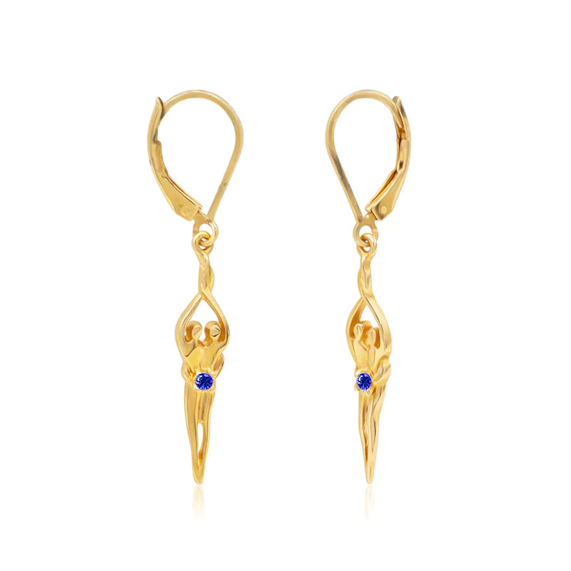 Load image into Gallery viewer, Small Soulmate Earrings, 1 ½” by ¼&amp;quot;, .925 Genuine Sterling Silver with 14kt. Gold Overlay, Lever Back, Sapphire Cubic Zirconia

