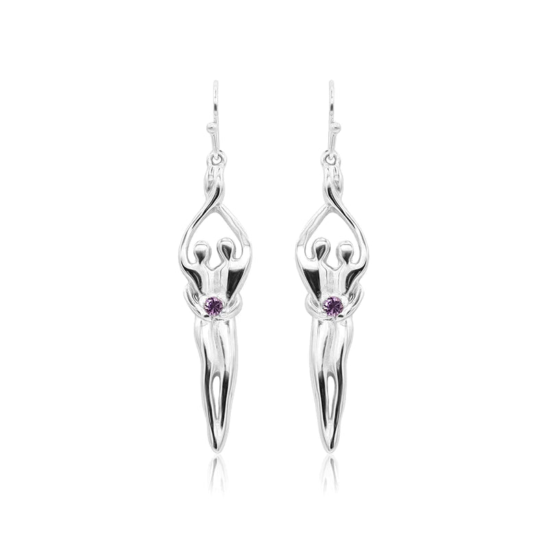 Load image into Gallery viewer, Medium Soulmate Earrings, 1 ½&amp;quot; by 5/16th&amp;quot;, .925 Genuine Sterling Silver, Ear Wire, Amethyst Cubic Zirconia
