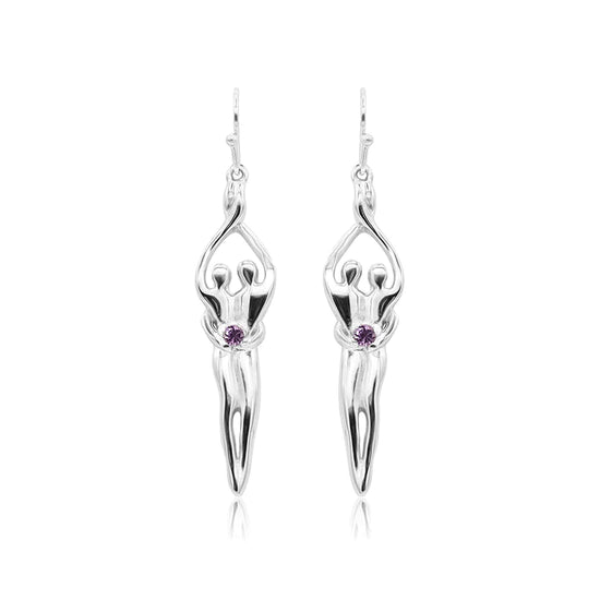 Medium Soulmate Earrings, 1 ½" by 5/16th", .925 Genuine Sterling Silver, Ear Wire, Amethyst Cubic Zirconia