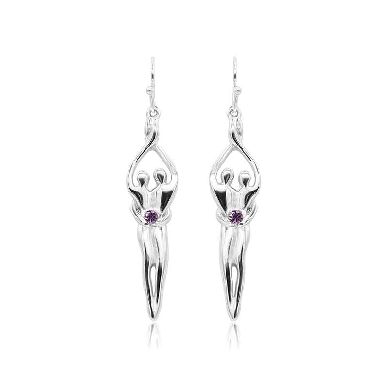 Medium Soulmate Earrings, 1 ½" by 5/16th", .925 Genuine Sterling Silver, Ear Wire, Ruby Cubic Zirconia