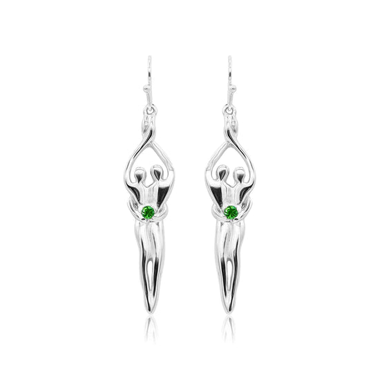 Medium Soulmate Earrings, 1 ½" by 5/16th", .925 Genuine Sterling Silver, Ear Wire, Emerald Cubic Zirconia