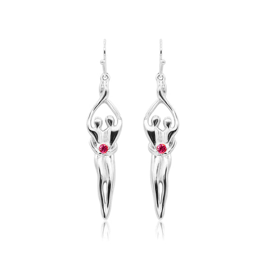 Medium Soulmate Earrings, 1 ½" by 5/16th", .925 Genuine Sterling Silver, Ear Wire, Ruby Cubic Zirconia