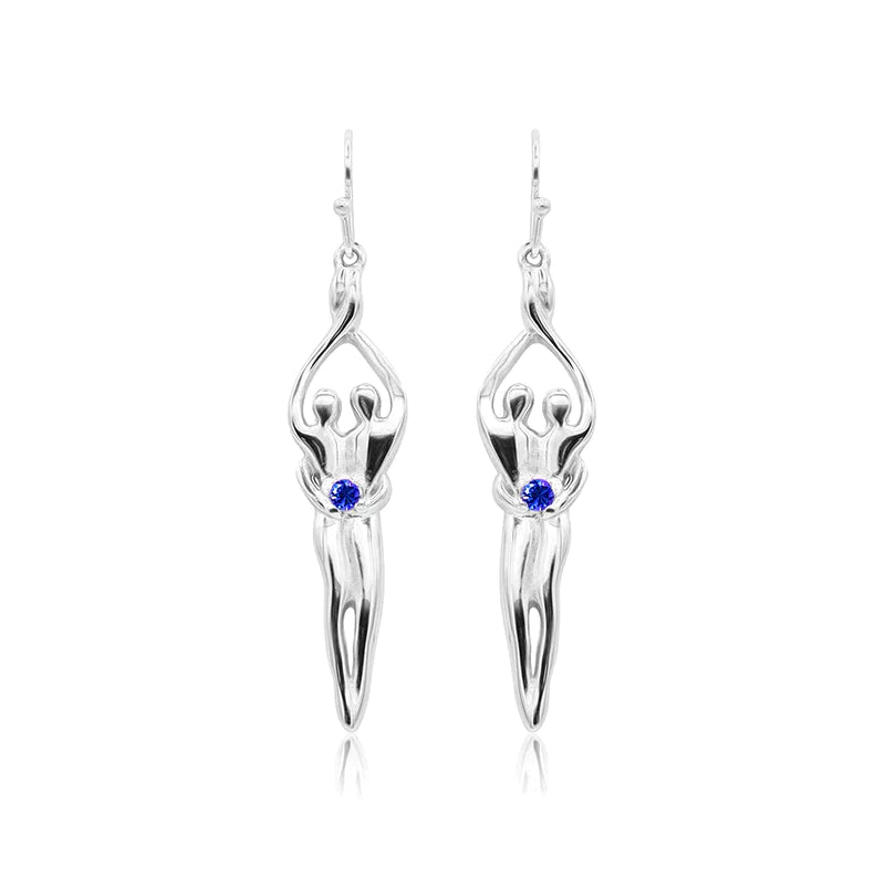 Load image into Gallery viewer, Medium Soulmate Earrings, 1 ½&amp;quot; by 5/16th&amp;quot;, .925 Genuine Sterling Silver, Ear Wire, Sapphire Cubic Zirconia
