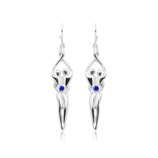 Medium Soulmate Earrings, 1 ½" by 5/16th", .925 Genuine Sterling Silver, Ear Wire, Sapphire Cubic Zirconia