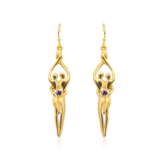 Aretes medianos Soulmate, 1 ½" por 5/16", plata de ley genuina .925 con 14kt. Recubrimiento de oro, alambre para oreja, circonita cúbica amatista