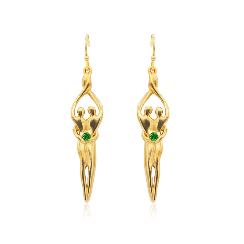 Medium Soulmate Earrings, 1 ½" by 5/16th", .925 Genuine Sterling Silver with 14kt. Gold Overlay, Ear Wire, Emerald Cubic Zirconia