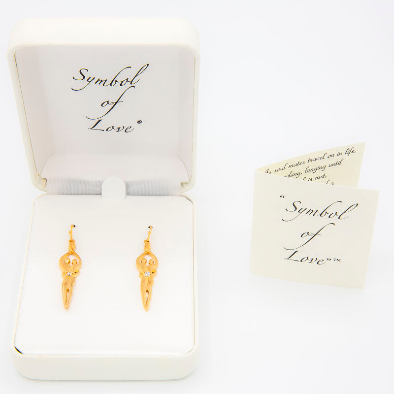 Medium Soulmate Earrings, 1 ½" by 5/16th", .925 Genuine Sterling Silver with 14kt. Gold Overlay, Ear Wire, Sapphire Cubic Zirconia