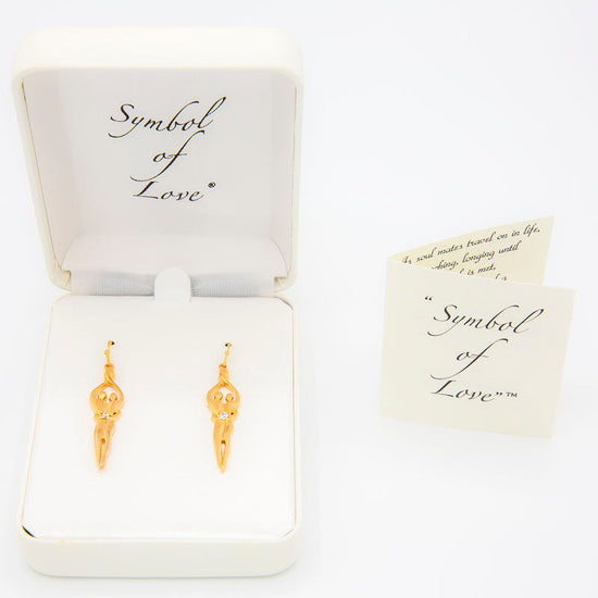 Medium Soulmate Earrings, 1 ½" by 5/16th", .925 Genuine Sterling Silver with 14kt. Gold Overlay, Ear Wire, Sapphire Cubic Zirconia