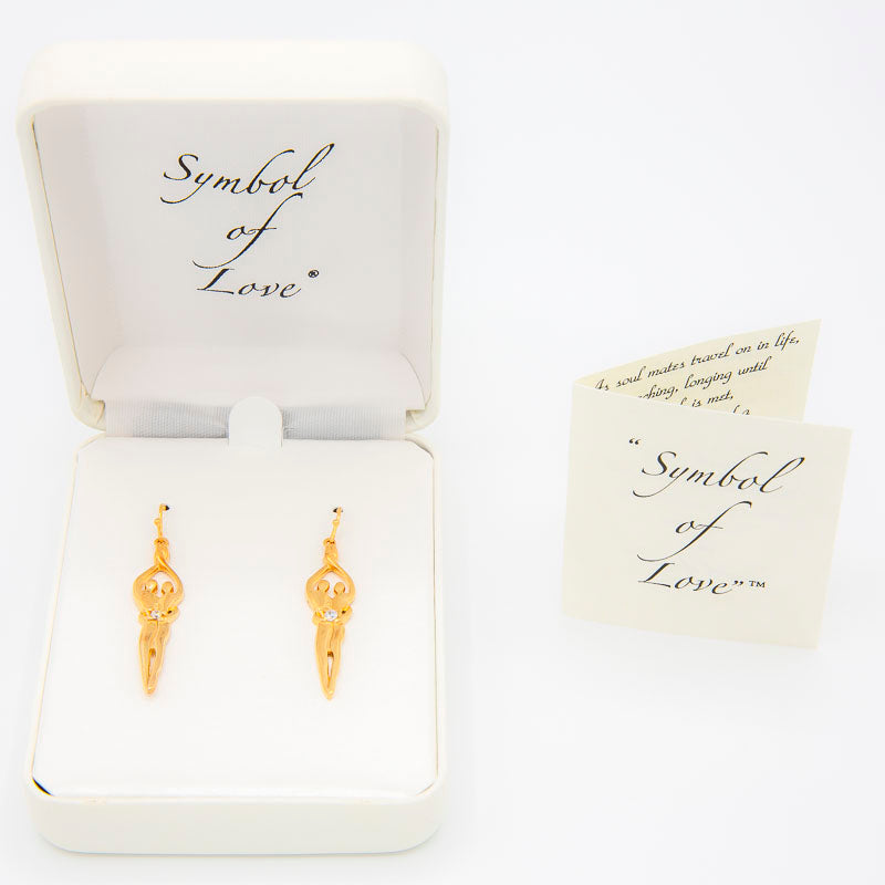 Load image into Gallery viewer, Medium Soulmate Earrings, 1 ½&amp;quot; by 5/16th&amp;quot;, .925 Genuine Sterling Silver with 14kt. Gold Overlay, Ear Wire, Ruby Cubic Zirconia
