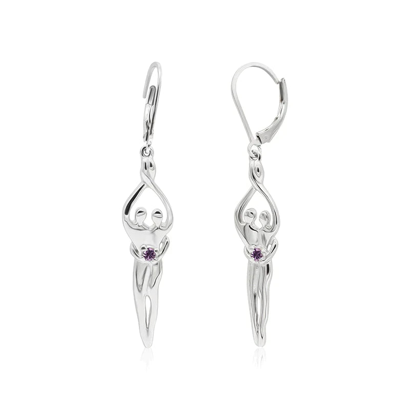 Medium Soulmate Earrings, 1 ¾"  by 5/16th", .925 Genuine Sterling Silver, Lever Back, Ruby Cubic Zirconia