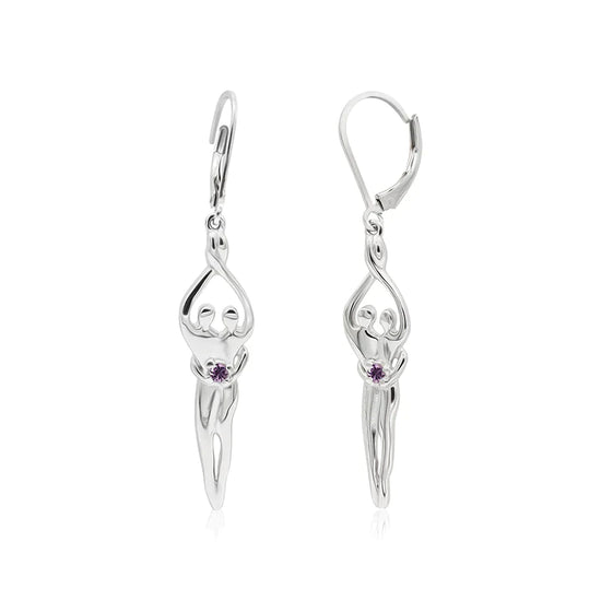 Load image into Gallery viewer, Medium Soulmate Earrings, 1 ¾&amp;quot;  by 5/16th&amp;quot;, .925 Genuine Sterling Silver, Lever Back, Ruby Cubic Zirconia
