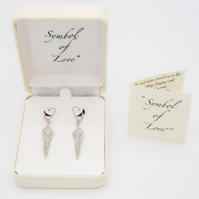 Medium Soulmate Earrings, 1 ¾"  by 5/16th", .925 Genuine Sterling Silver, Lever Back, Emerald Cubic Zirconia