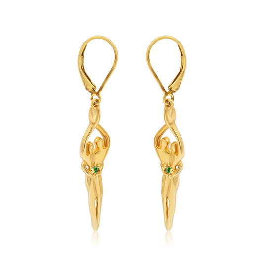 Medium Soulmate Earrings, 1 ¾"  by 5/16th", .925 Genuine Sterling Silver with 14kt. Gold Overlay, Lever Back, Emerald Cubic Zirconia