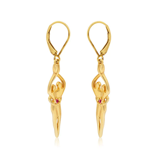 Medium Soulmate Earrings, 1 ¾"  by 5/16th", .925 Genuine Sterling Silver with 14kt. Gold Overlay, Lever Back, Ruby Cubic Zirconia