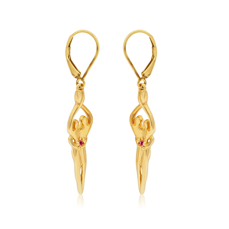 Load image into Gallery viewer, Medium Soulmate Earrings, 1 ¾&amp;quot;  by 5/16th&amp;quot;, .925 Genuine Sterling Silver with 14kt. Gold Overlay, Lever Back, Clear Cubic Zirconia
