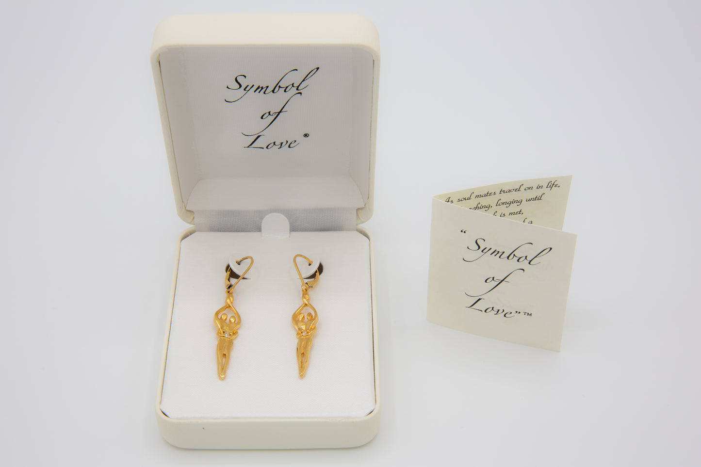 Medium Soulmate Earrings, 1 ¾"  by 5/16th", .925 Genuine Sterling Silver with 14kt. Gold Overlay, Lever Back, Clear Cubic Zirconia Stone