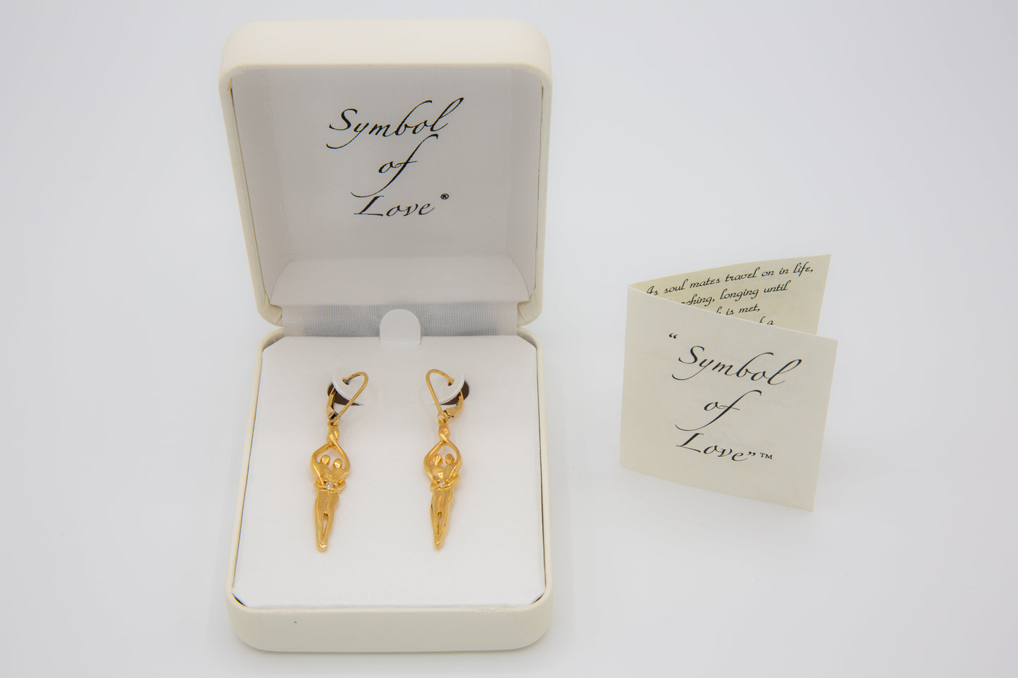 Load image into Gallery viewer, Medium Soulmate Earrings, 1 ¾&amp;quot;  by 5/16th&amp;quot;, .925 Genuine Sterling Silver with 14kt. Gold Overlay, Lever Back, Sapphire Cubic Zirconia
