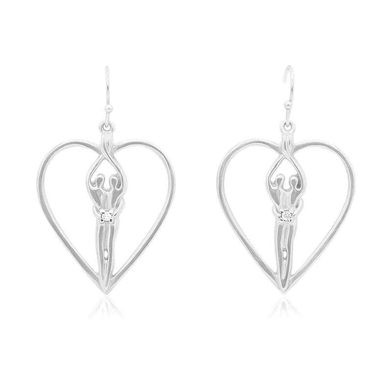 Soulmate Heart Earrings, 1" by ¾", .925 Genuine Sterling Silver, Ear Wire, Amethyst Cubic Zirconia