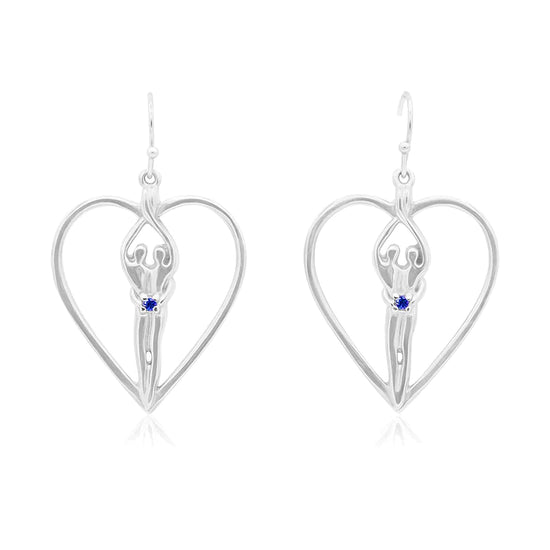 Soulmate Heart Earrings, 1" by ¾", .925 Genuine Sterling Silver, Ear Wire, Sapphire Cubic Zirconia