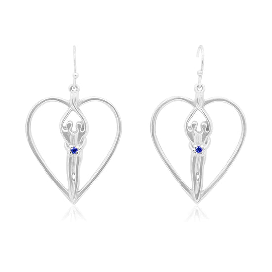Load image into Gallery viewer, Soulmate Heart Earrings, 1&amp;quot; by ¾&amp;quot;, .925 Genuine Sterling Silver, Ear Wire, Emerald Cubic Zirconia
