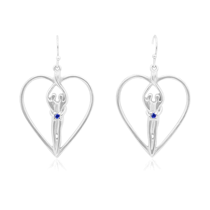 Soulmate Heart Earrings, 1" by ¾", .925 Genuine Sterling Silver, Ear Wire, Amethyst Cubic Zirconia