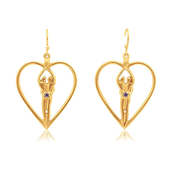 Soulmate Heart Earrings, 1" by ¾", .925 Genuine Sterling Silver with 14kt. Gold Overlay, Ear Wire, Ruby Cubic Zirconia