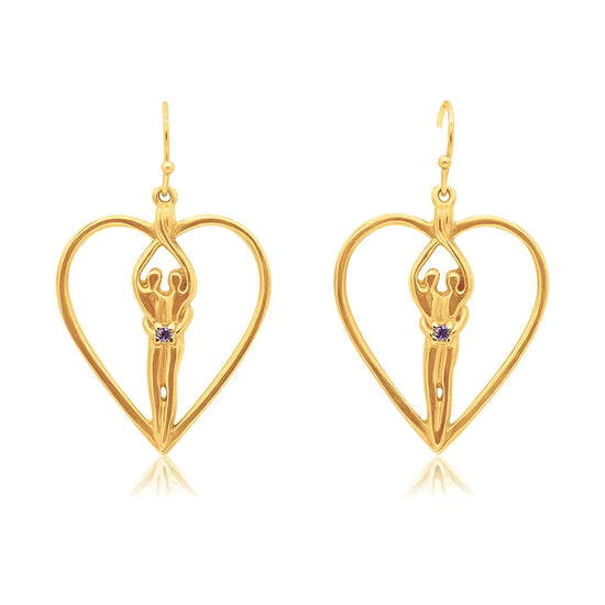 Soulmate Heart Earrings, 1" by ¾", .925 Genuine Sterling Silver with 14kt. Gold Overlay, Ear Wire, Sapphire Cubic Zirconia