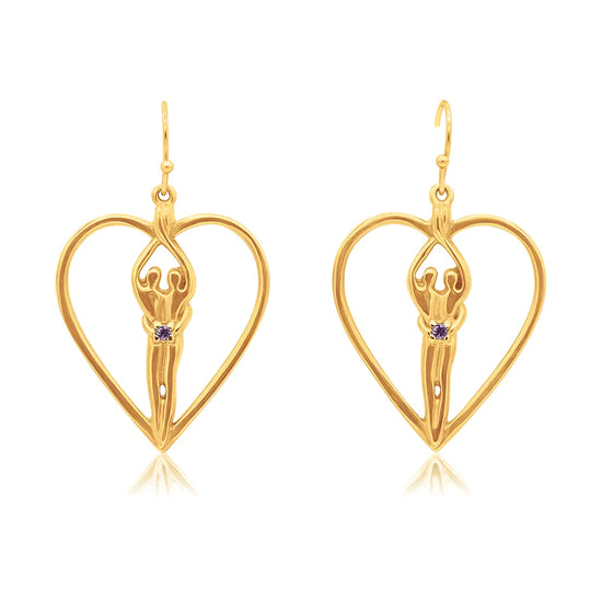 Soulmate Heart Earrings, 1" by ¾", .925 Genuine Sterling Silver with 14kt. Gold Overlay, Ear Wire, Emerald Cubic Zirconia