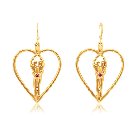 Soulmate Heart Earrings, 1" by ¾", .925 Genuine Sterling Silver with 14kt. Gold Overlay, Ear Wire, Ruby Cubic Zirconia