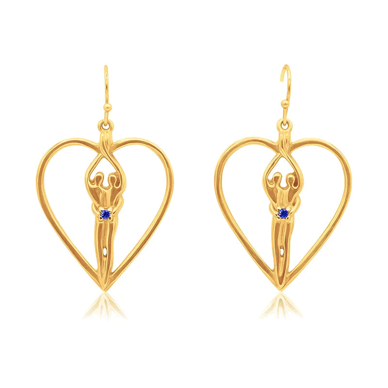 Load image into Gallery viewer, Soulmate Heart Earrings, 1&amp;quot; by ¾&amp;quot;, .925 Genuine Sterling Silver with 14kt. Gold Overlay, Ear Wire, Sapphire Cubic Zirconia
