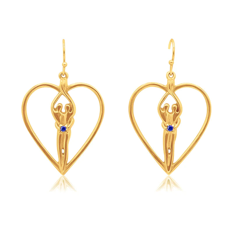Soulmate Heart Earrings, 1" by ¾", .925 Genuine Sterling Silver with 14kt. Gold Overlay, Ear Wire, Emerald Cubic Zirconia