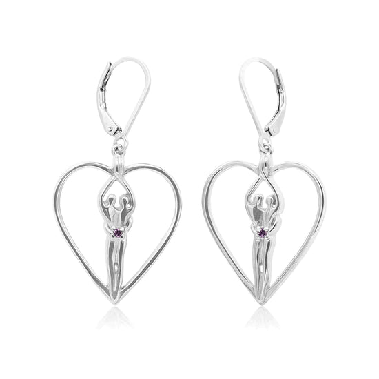 Soulmate Heart Earrings, 1" by ¾", .925 Genuine Sterling Silver, Lever Back, Amethyst Cubic Zirconia