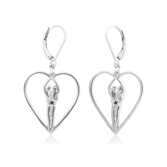 Load image into Gallery viewer, Soulmate Heart Earrings, 1&amp;quot; by ¾&amp;quot;, .925 Genuine Sterling Silver, Lever Back, Amethyst Cubic Zirconia
