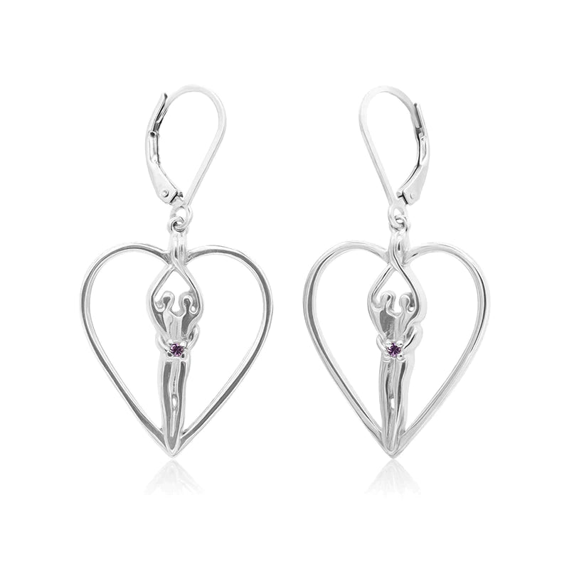 Soulmate Heart Earrings, 1" by ¾", .925 Genuine Sterling Silver, Lever Back, Ruby Cubic Zirconia