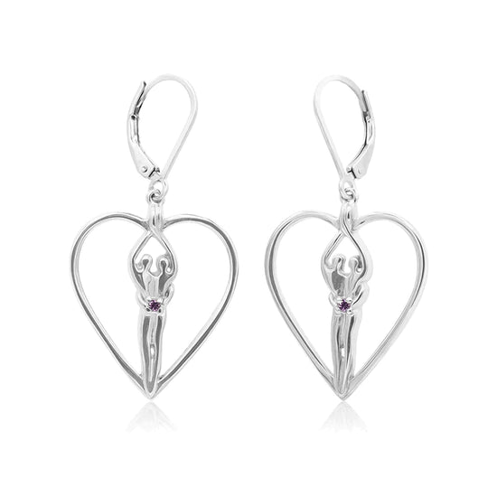 Load image into Gallery viewer, Soulmate Heart Earrings, 1&amp;quot; by ¾&amp;quot;, .925 Genuine Sterling Silver, Lever Back, Sapphire Cubic Zirconia
