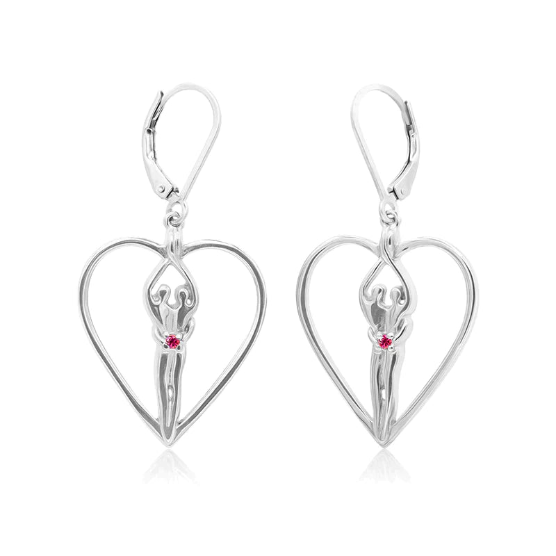 Soulmate Heart Earrings, 1" by ¾", .925 Genuine Sterling Silver, Lever Back, Amethyst Cubic Zirconia