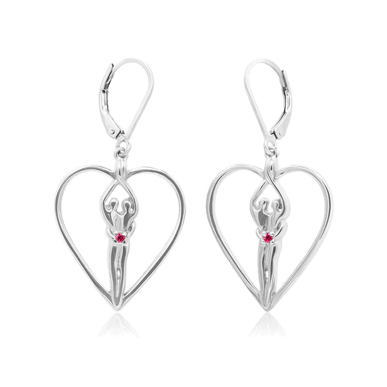 Soulmate Heart Earrings, 1" by ¾", .925 Genuine Sterling Silver, Lever Back, Emerald Cubic Zirconia