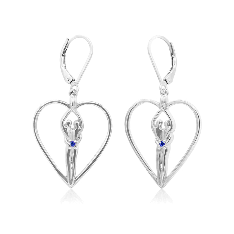 Soulmate Heart Earrings, 1" by ¾", .925 Genuine Sterling Silver, Lever Back, Amethyst Cubic Zirconia