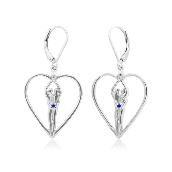 Soulmate Heart Earrings, 1" by ¾", .925 Genuine Sterling Silver, Lever Back, Emerald Cubic Zirconia