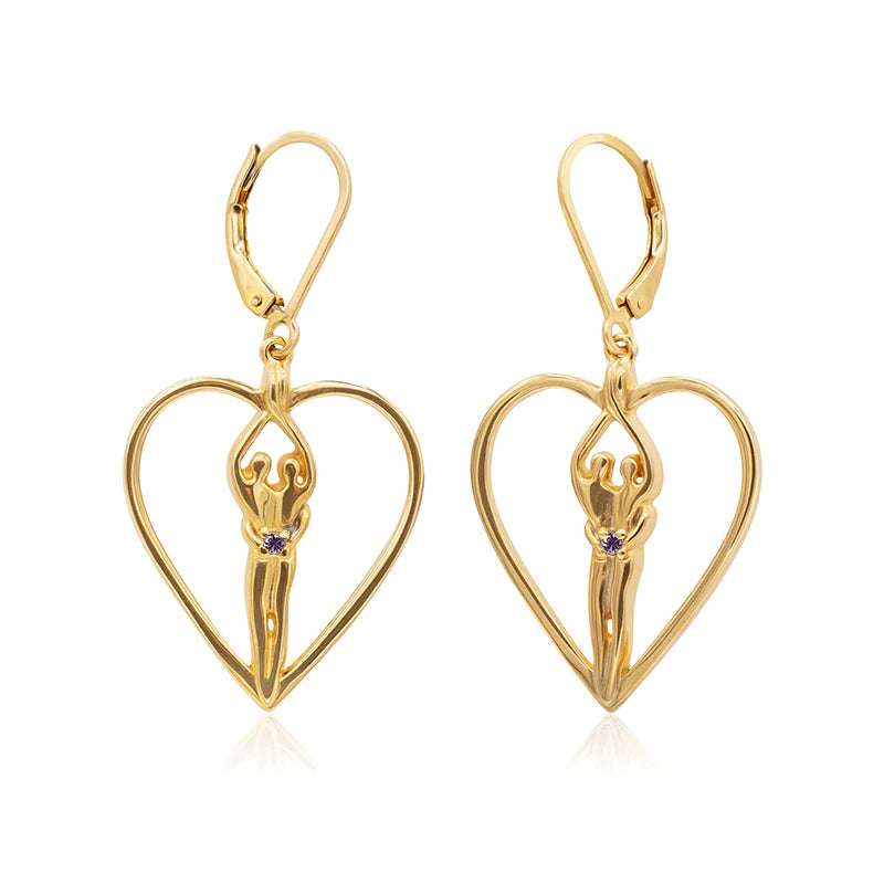 Soulmate Heart Earrings, 1" by ¾", with 14kt. Gold Overlay, .925 Genuine Sterling Silver, Lever Back, Clear Cubic Zirconia